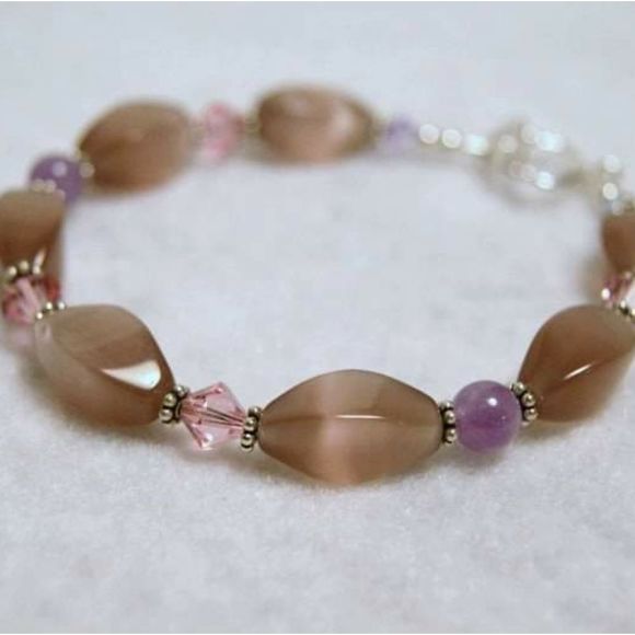 Handmade Pink Cat's Eye Glass, Amethyst Beads, & Sterling Silver Bracelet - Picture 6 of 8